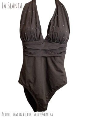 La Blanca Rod Beattie Women's Crystal Halter bodice Full Peice Swimsuit Brown 6